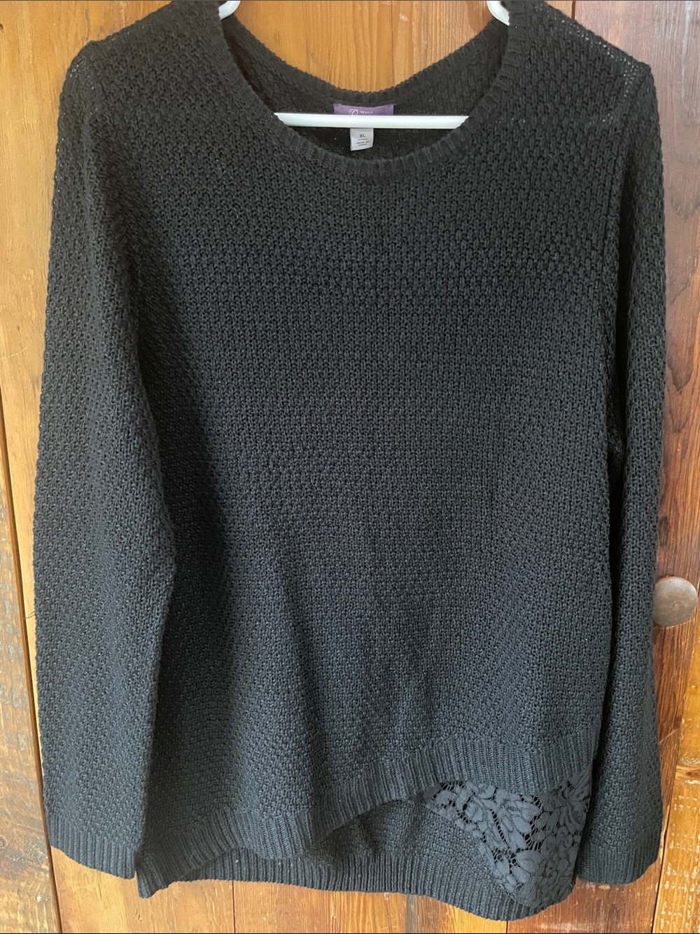 Truly poppy Women's Black Crewneck Knit Sweater with Lace Accent